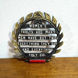 Vintage Kitchen Trivet Men Vs Women Funny Black Cast Iron Red Rolling Pin 5.5"